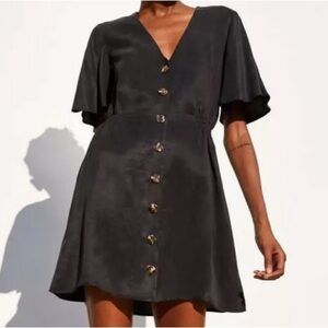 Zara Women’s Solid Black V Neck Short Sleeve Mini Dress Button Front
